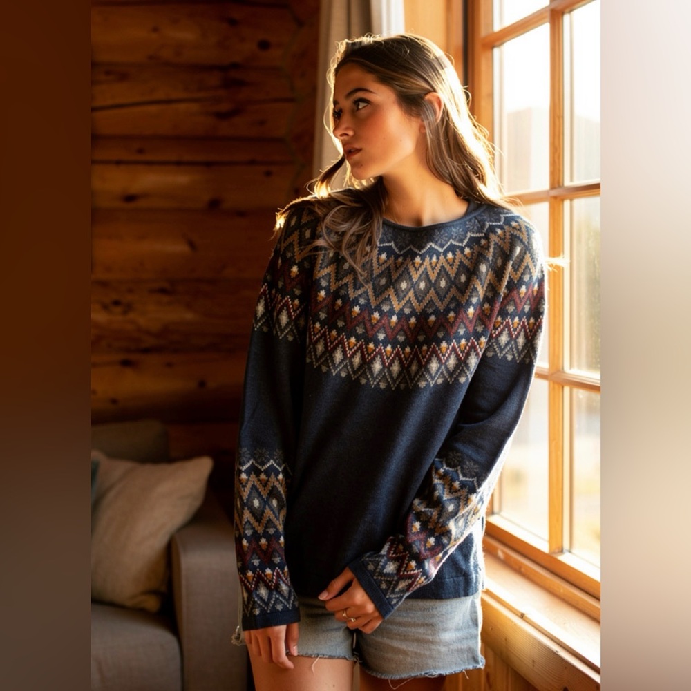 Skhoop Sweater Women's S Lamb's Wool Fair Isle Nordic Pattern Gray Jeanette